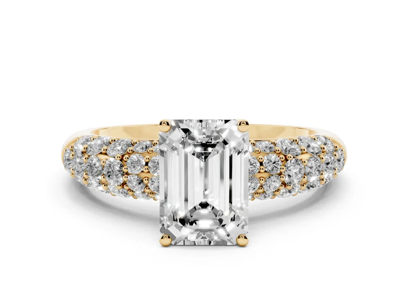 Emerald Cut Multi Row Pave Solitaire Engagement Ring Setting | Domed Shoulders | Yellow Gold
