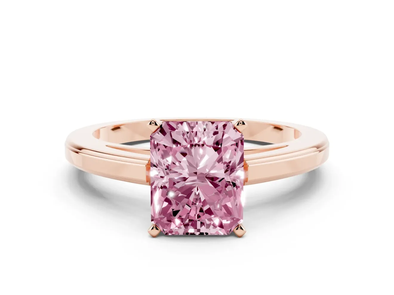 Fancy Pink Radiant Cut Diamond Solitaire Ring Set in Rose gold with Prong Setting and Classic Band