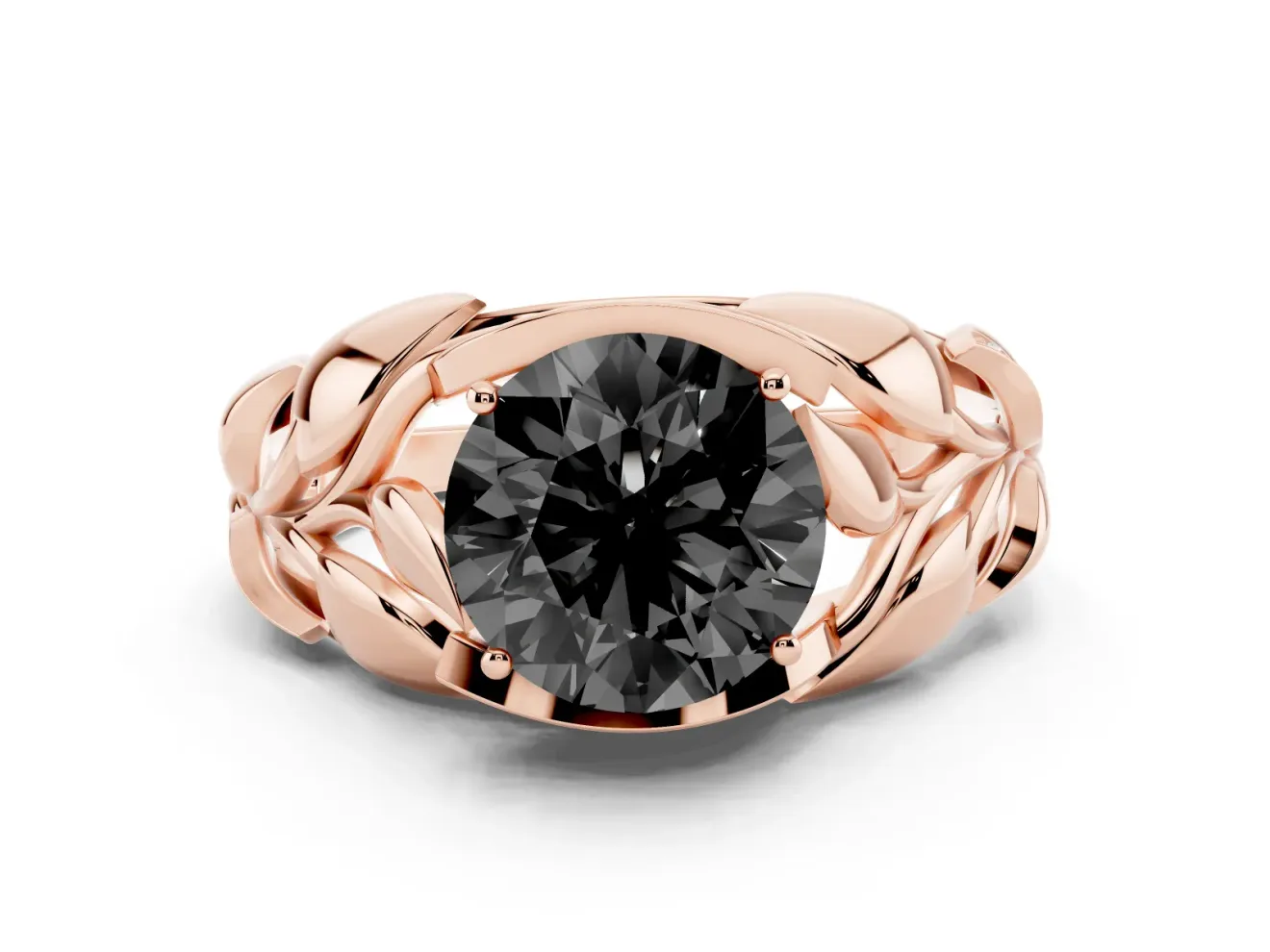 Fancy Black Round Cut Diamond Leaf-Inspired Engagement Ring Set in Rose gold with Round Accents