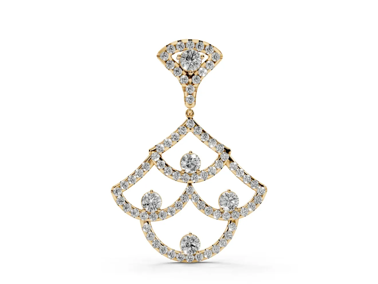 Round Lab-Grown Diamond Pavé Openwork Fan Pendant Necklace | Scalloped Arches | Yellow Gold