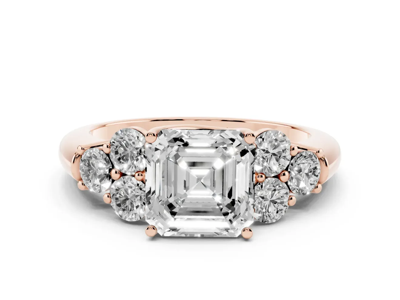 Asscher Cut Diamond Cluster Ring Set in Rose gold with Round Accent Stones and Prong Setting on a Plain Band