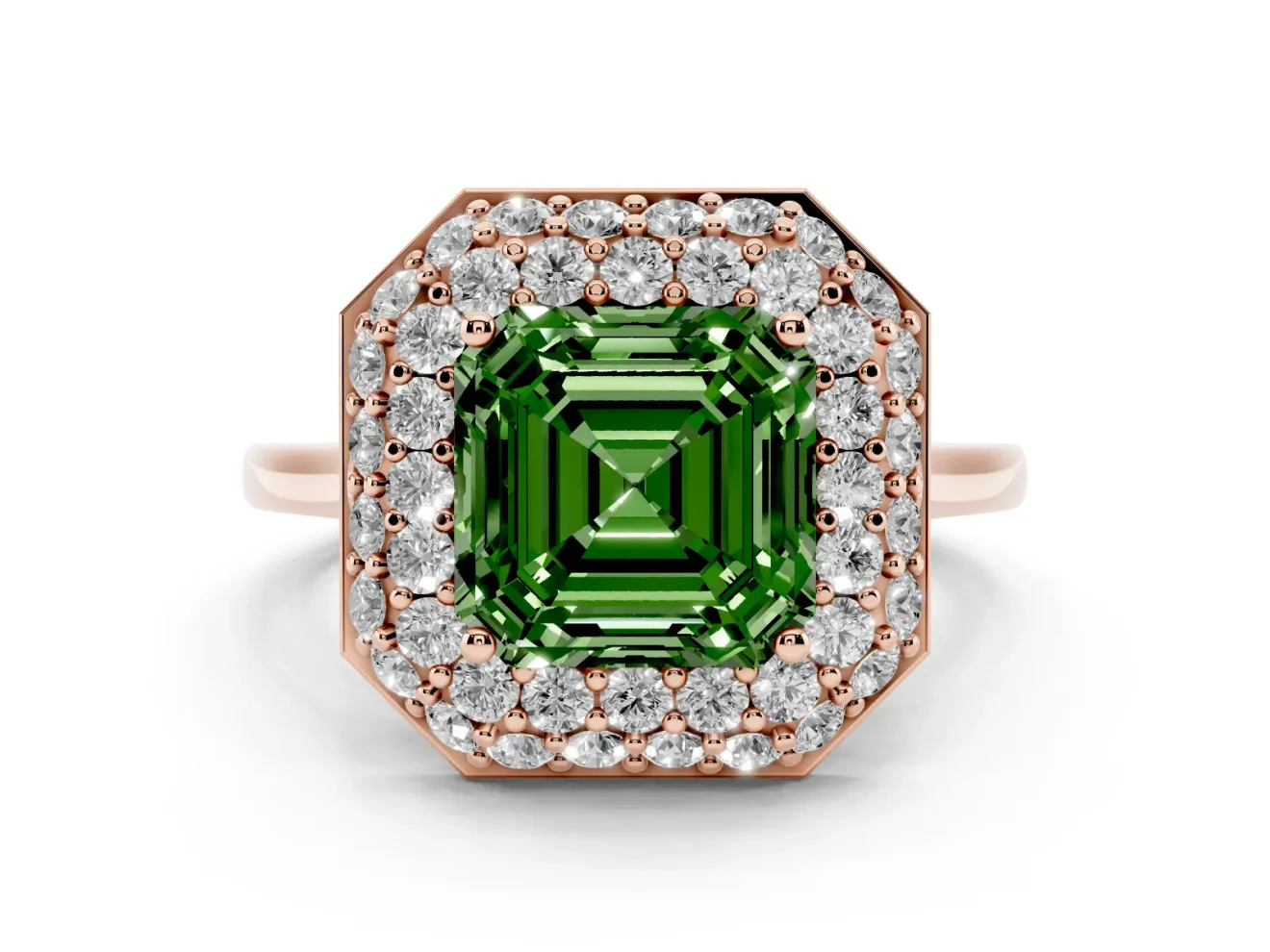 Fancy Green Asscher Cut Diamond Halo Engagement Ring Set in Rose gold with Solitaire Band and Prong Setting