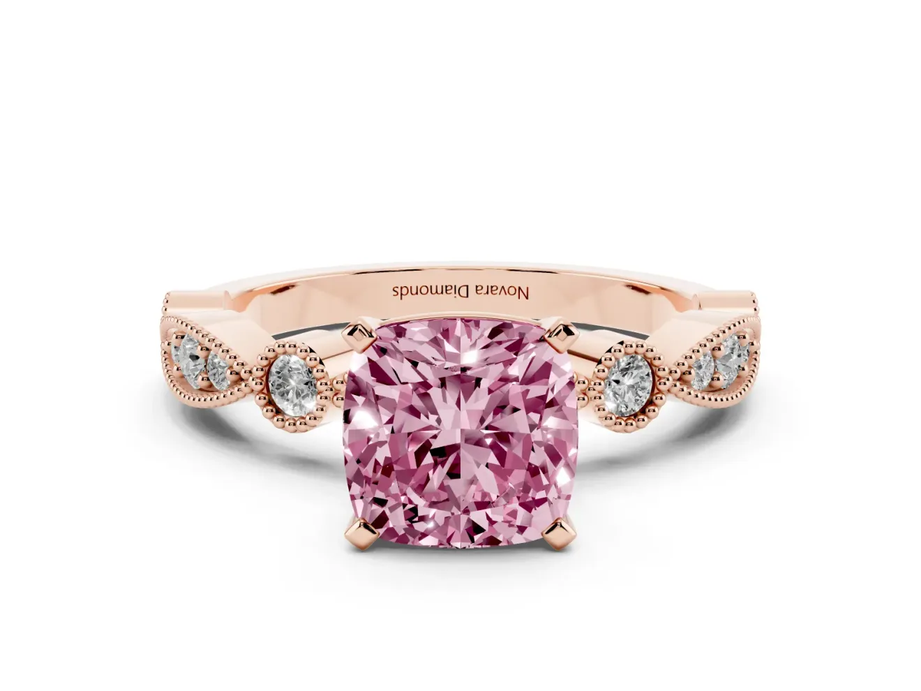 Fancy Pink Cushion Cut Diamond Solitaire Engagement Ring Set in Rose gold with Milgrain Bezel Accent Band