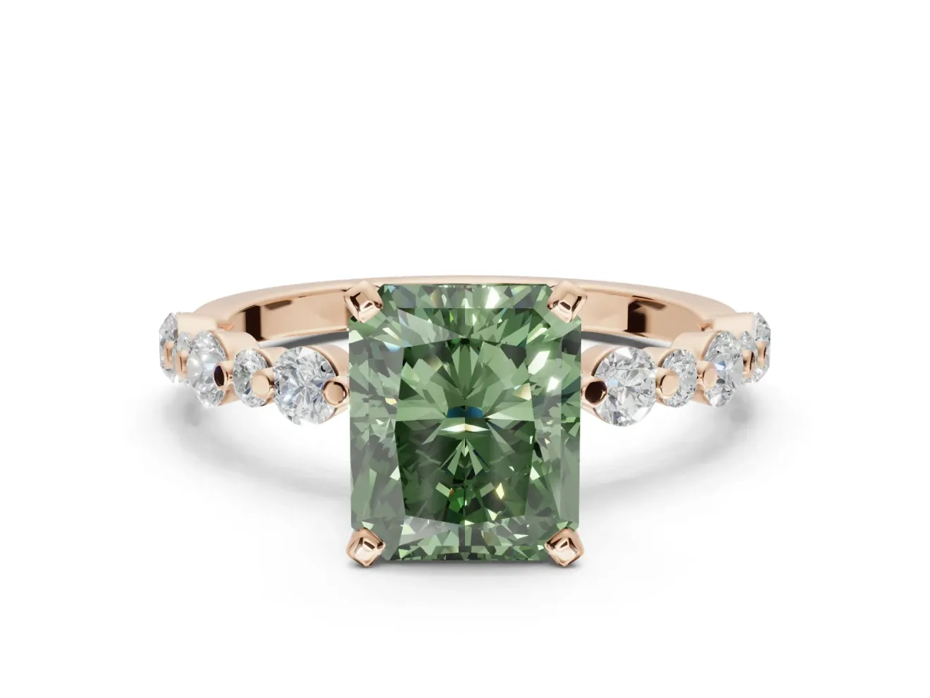 Radiant Cut Pavé Solitaire Engagement Ring Setting for a Fancy Green Lab-Grown Diamond | Alternating Accents | Rose Gold
