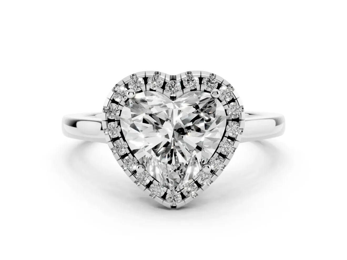 Heart Cut Halo Round Diamond Solitaire Ring Set in White gold with Pavé Band and Prong Setting