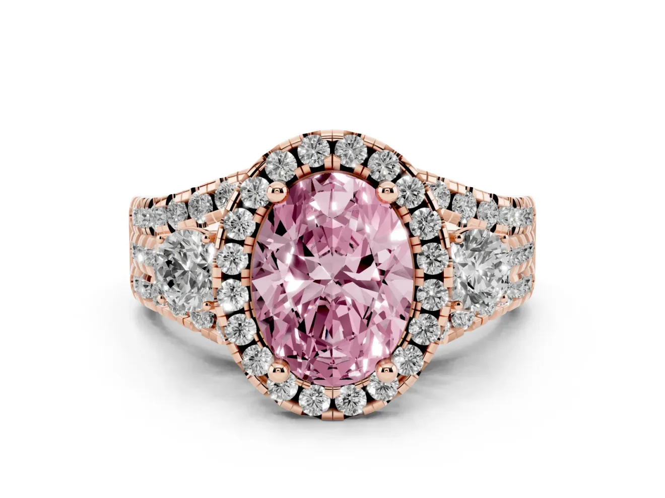 Oval Halo Split Shank Engagement Ring Setting for a Fancy Pink Lab-Grown Diamond | Round Side Stones | Rose Gold