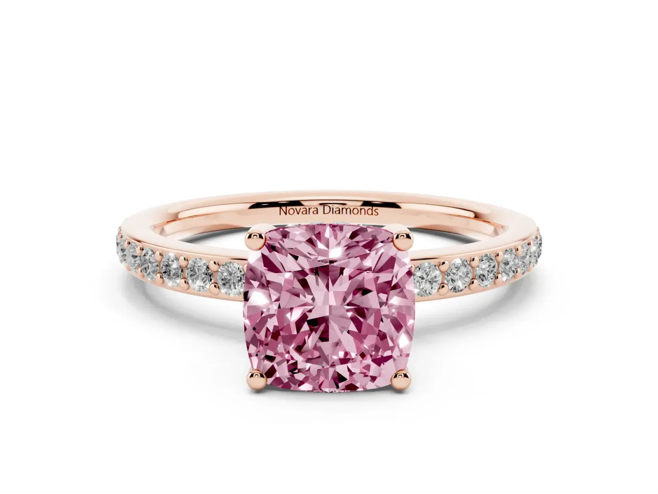 Fancy Pink Cushion Cut Diamond Pavé Band Ring Set in Rose gold with Prong-Set Center Stone