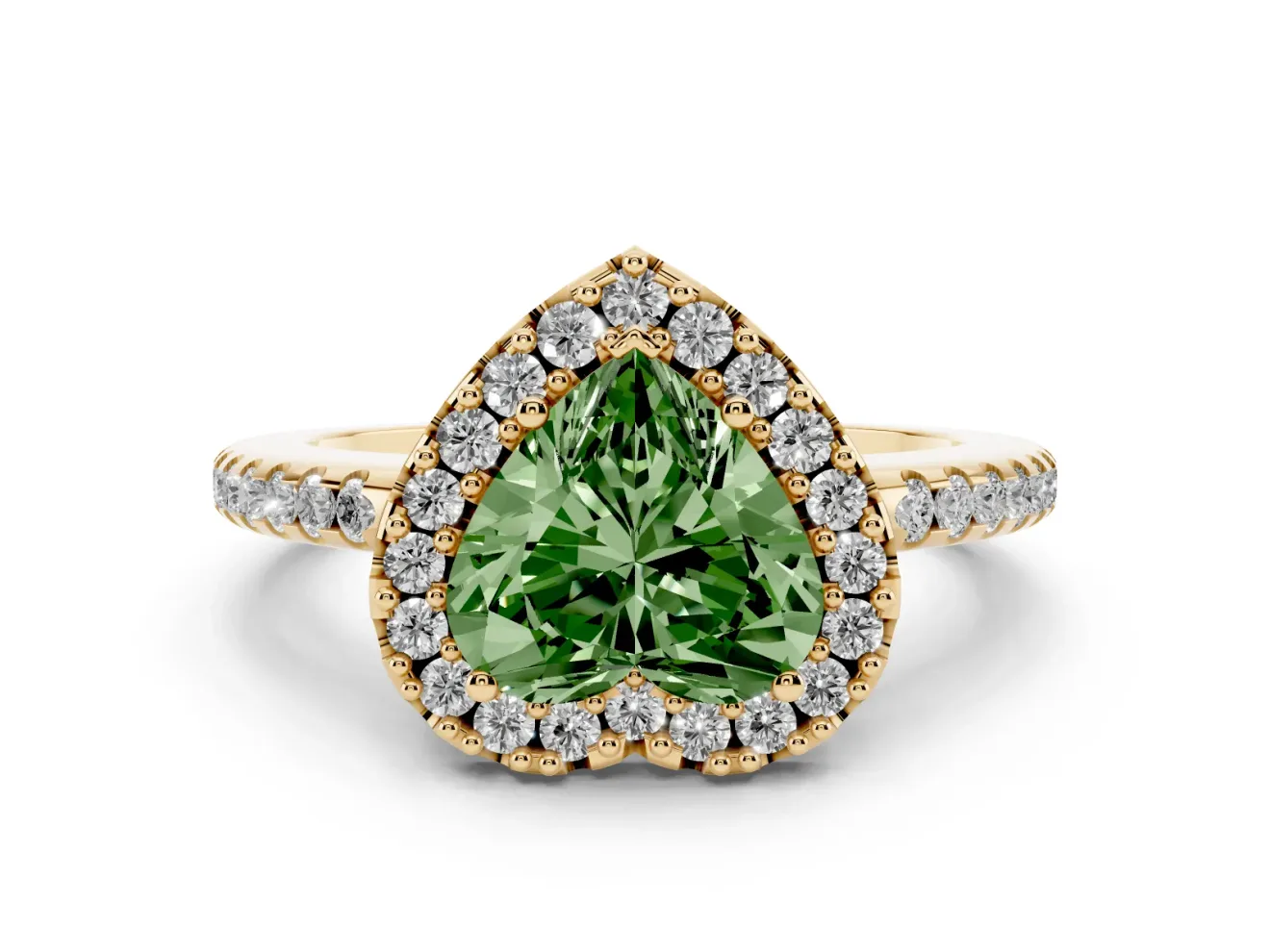 Heart-Shaped Pave Halo Engagement Ring Setting for a Fancy Green Lab-Grown Diamond | Pave Band | Yellow Gold