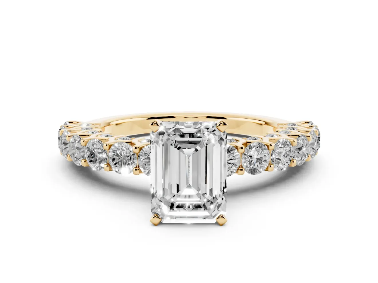 Emerald Cut Shared Prong Engagement Ring Setting | Two-Row Band | Yellow Gold
