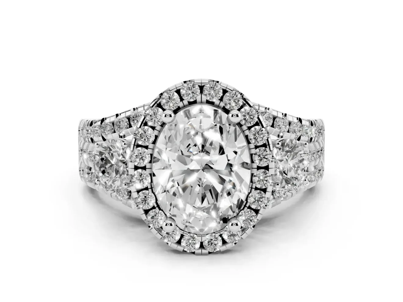 Oval Halo Split Shank Engagement Ring Setting | Round Side Stones | White Gold