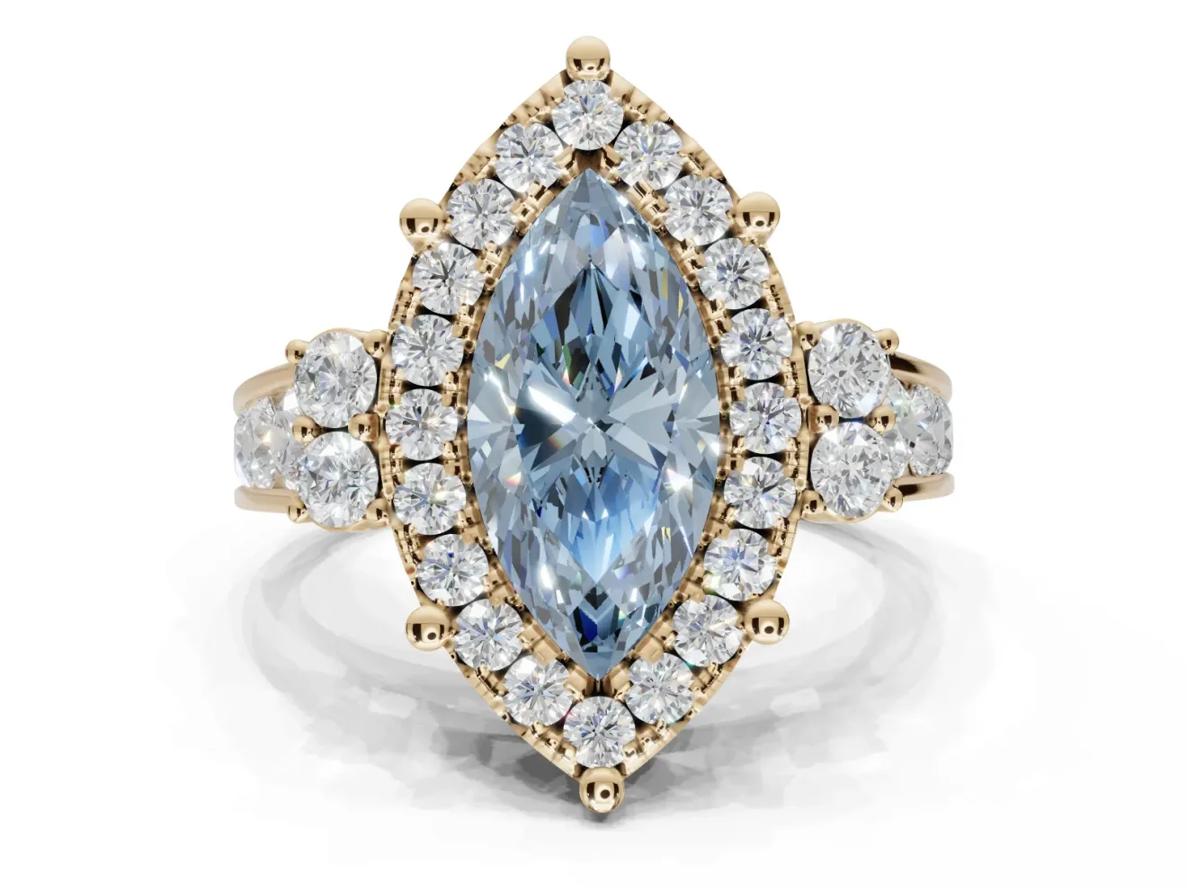Marquise Halo Engagement Ring Setting for a Fancy Blue Lab-Grown Diamond | Graduated Channel Band | Yellow Gold