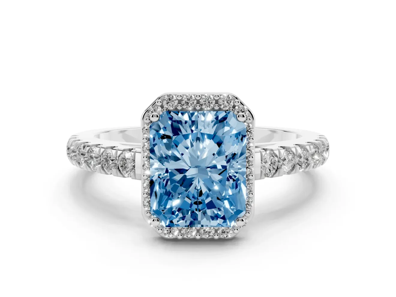 Fancy Blue Radiant Cut Diamond Halo Engagement Ring Set in Platinum with Pavé Band and Prong Setting