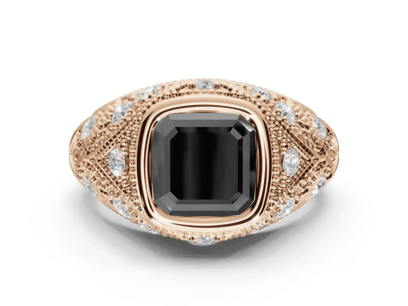 Asscher Cut Vintage Bezel Engagement Ring Setting for a Black Center | Milgrain Band | Rose Gold