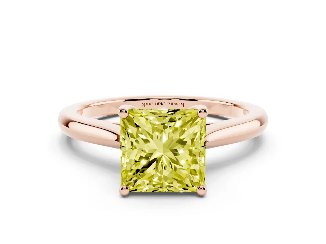 Fancy Yellow Princess Cut Diamond Solitaire Ring Set in Rose gold with Cathedral Band and Prong Setting
