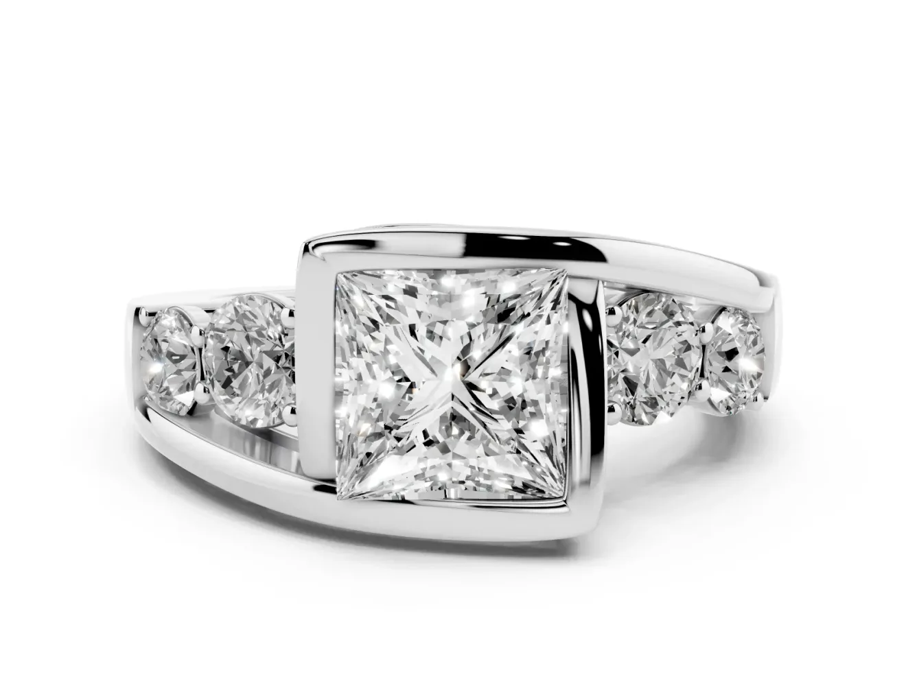 Princess Cut Diamond Bezel Bypass Ring Set in Silver with Round Accents