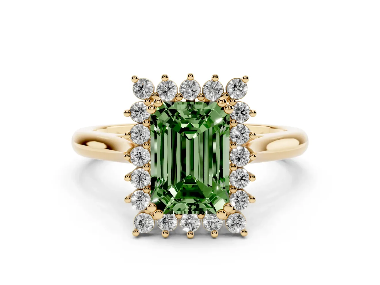 Fancy Green Emerald Cut Diamond Halo Ring Set in Yellow gold with Plain Solitaire Band and Prong Setting