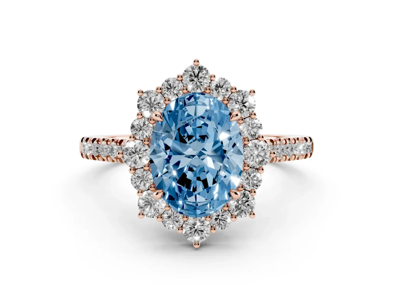 Oval Scalloped Halo Engagement Ring Setting for a Fancy Blue Lab-Grown Diamond | Single Row Pave | Rose Gold