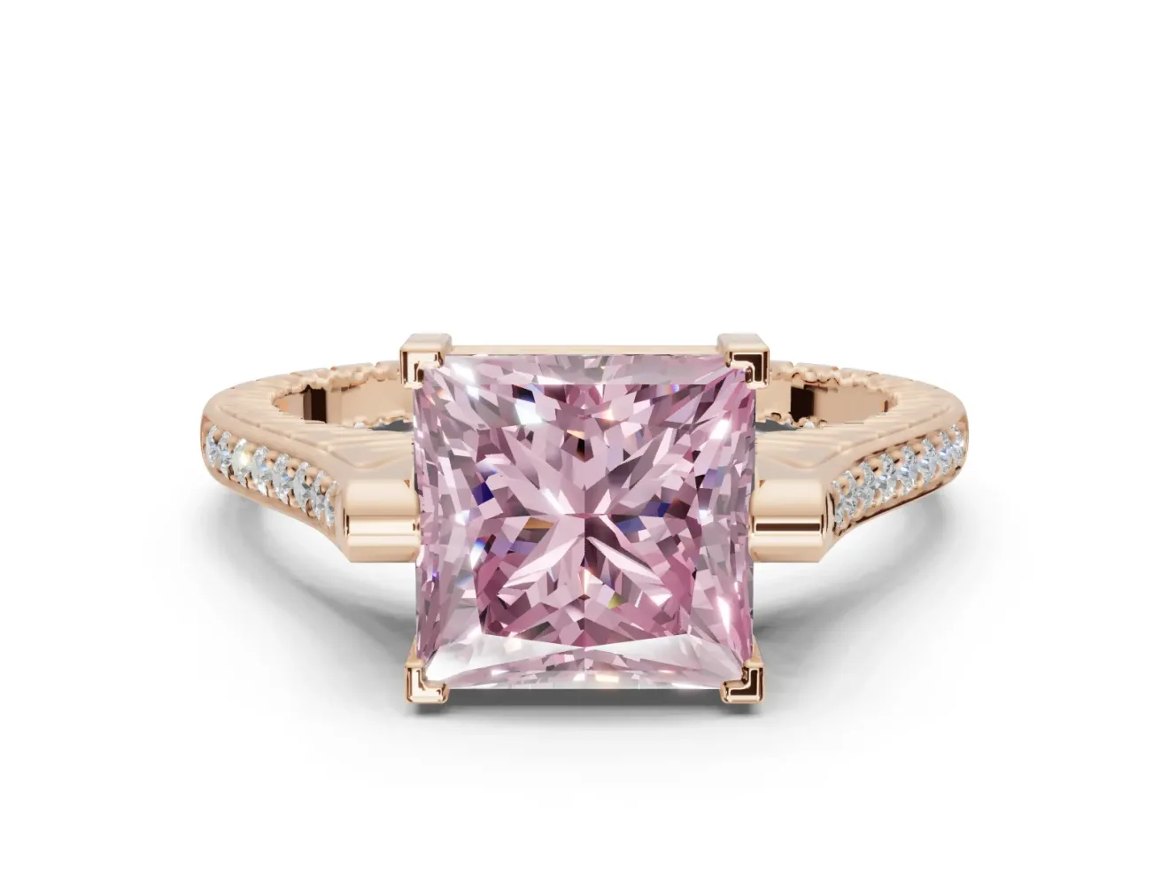 Princess Cut Vintage Cathedral Engagement Ring Setting for a Fancy Pink Lab-Grown Diamond | Carved Band | Rose Gold