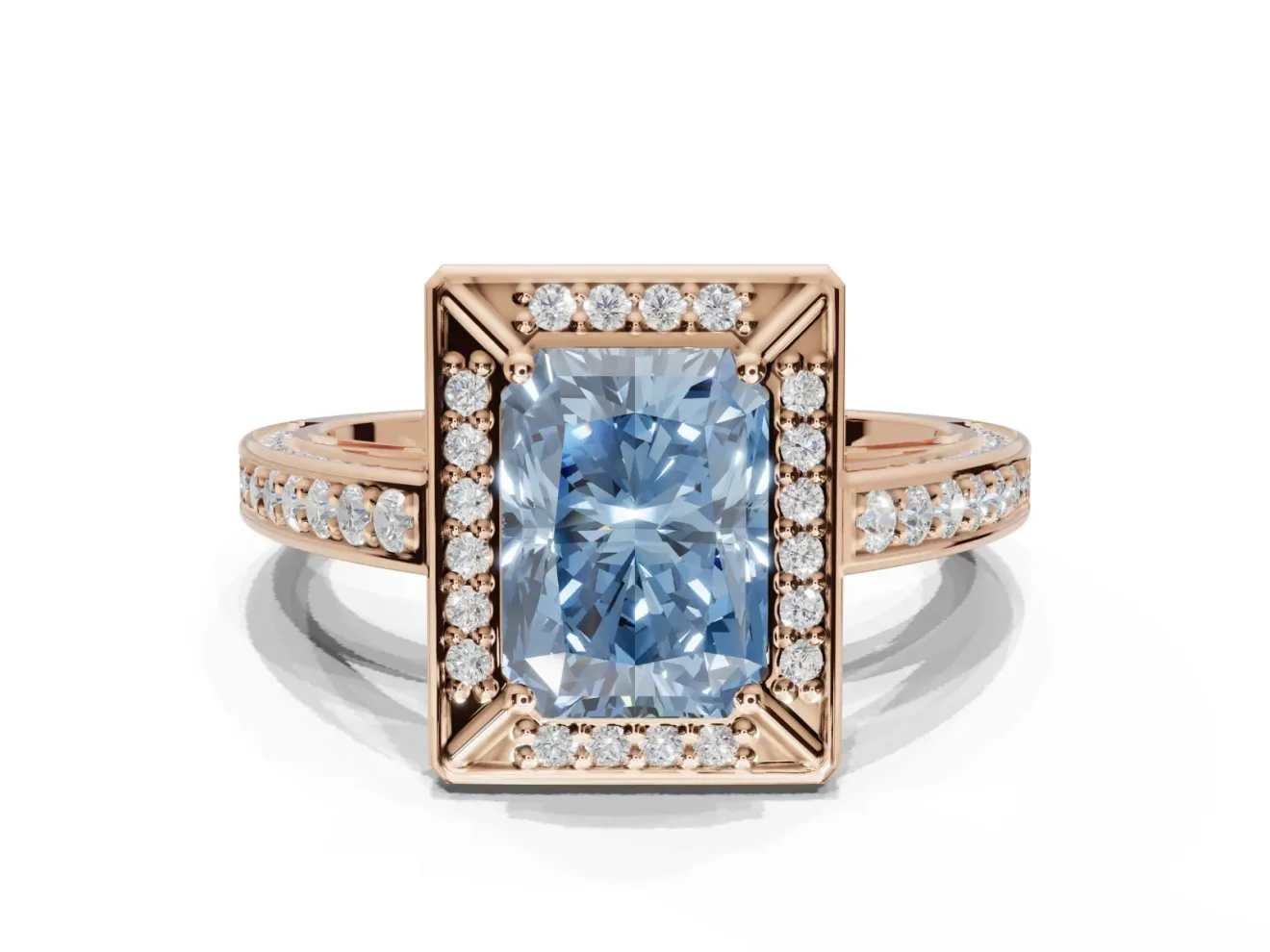 Radiant Cut Sectioned Halo Engagement Ring Setting for a Fancy Blue Lab-Grown Diamond | Rose Gold