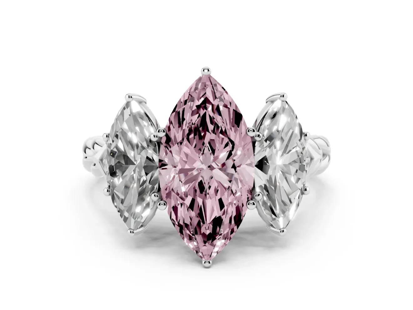 Fancy Pink Marquise Cut Diamond Three-Stone Ring Set in White gold with Braided Band