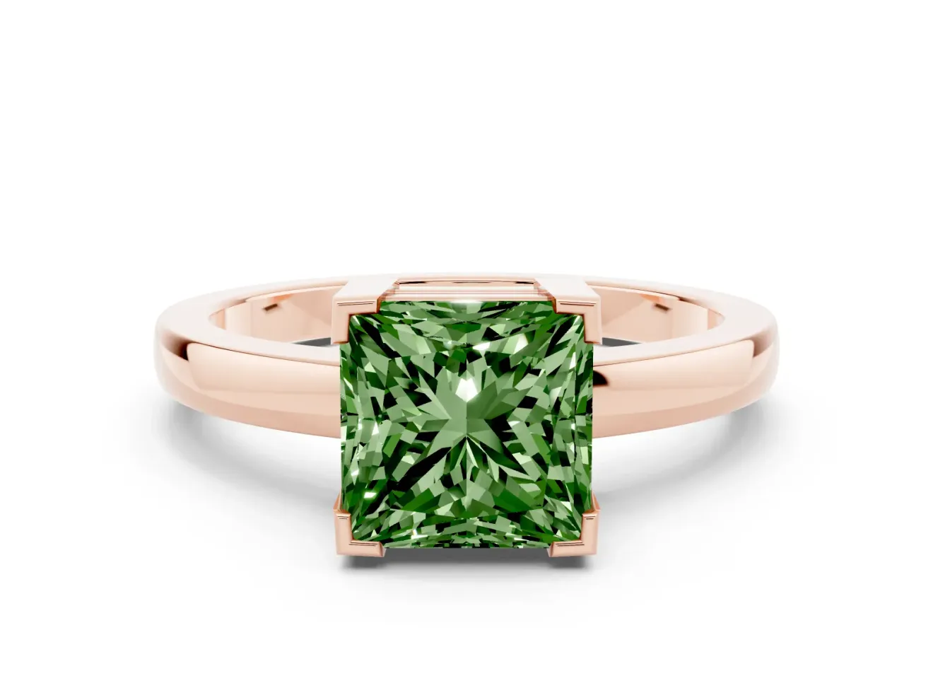 Fancy Green Princess Cut Diamond Solitaire Ring Set in Rose gold with Prong Head and Smooth Polished Band