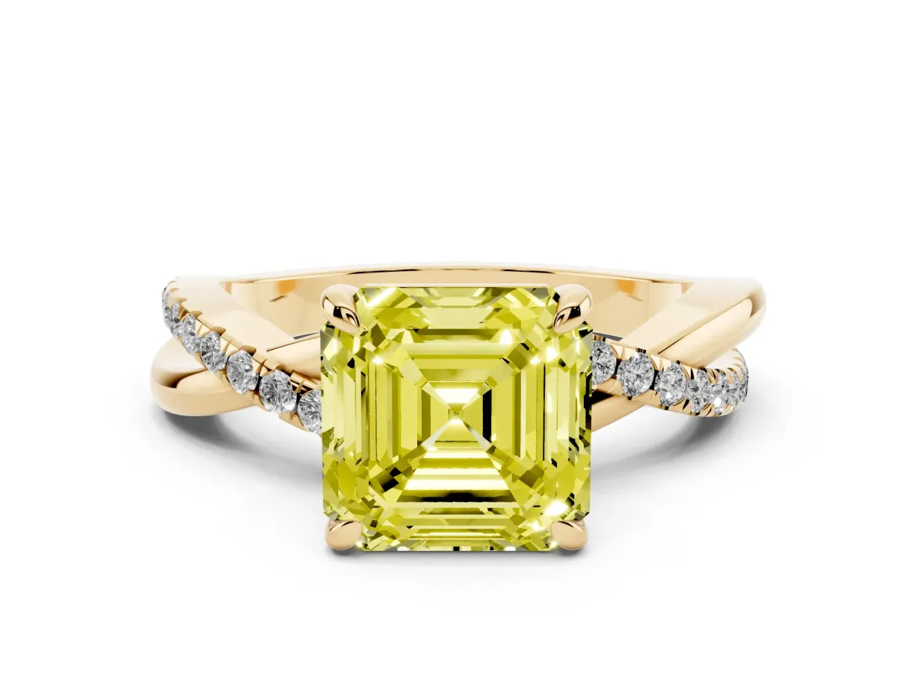 Fancy Yellow Asscher Cut Diamond Twist Band Solitaire Set in Yellow gold with Pavé Accents and Prong Setting
