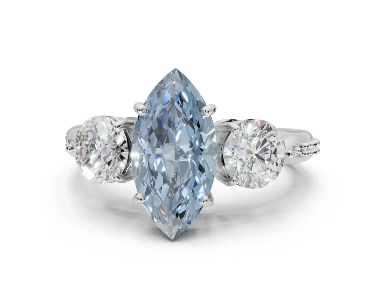 Marquise Three Stone Engagement Ring Setting for a Fancy Blue Lab-Grown Diamond | Tapered Pave Band | White Gold