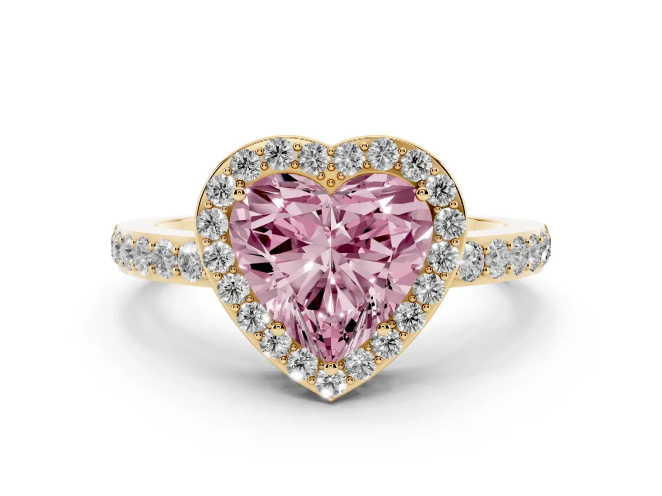Fancy Pink Heart Cut Diamond Halo Ring Set in Yellow gold with Pavé-Setting Band and Open Prong Center