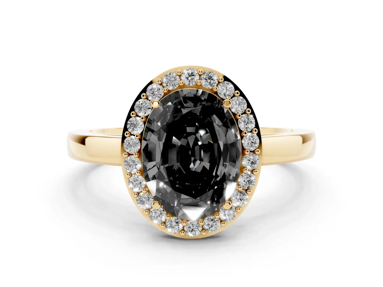 Fancy Black Oval Cut Diamond Halo Ring Set in Yellow gold with Solitaire Band and Prong Setting