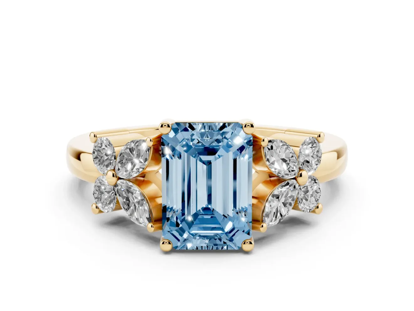 Fancy Blue Emerald Cut Diamond Floral Cluster Ring Set in Yellow gold with Marquise Petals and Prong Setting