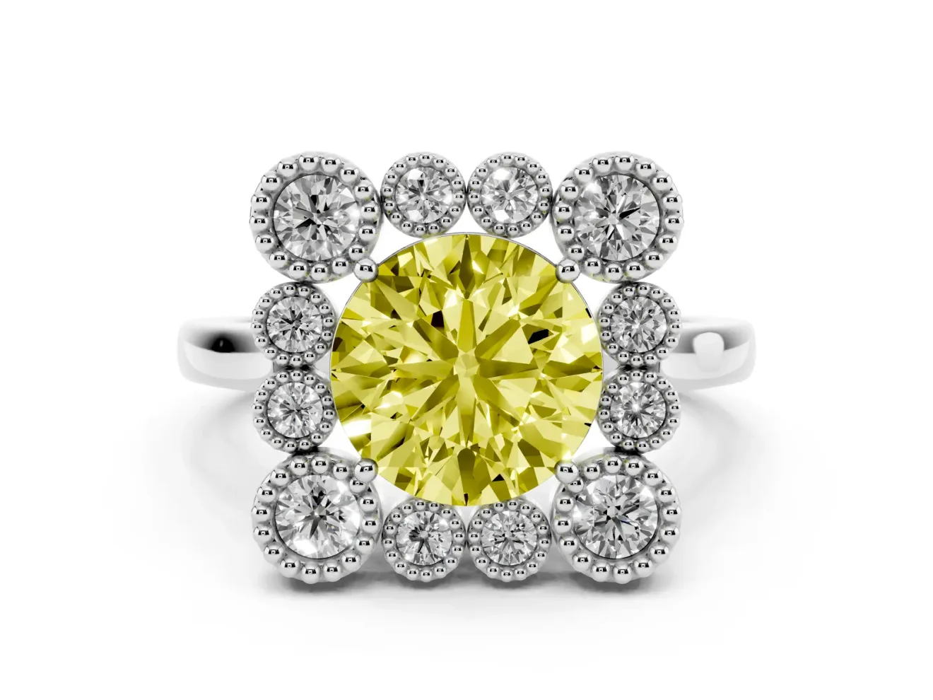Round Milgrain Cluster Halo Engagement Ring Setting for a Fancy Yellow Lab-Grown Diamond | Plain Band | White Gold