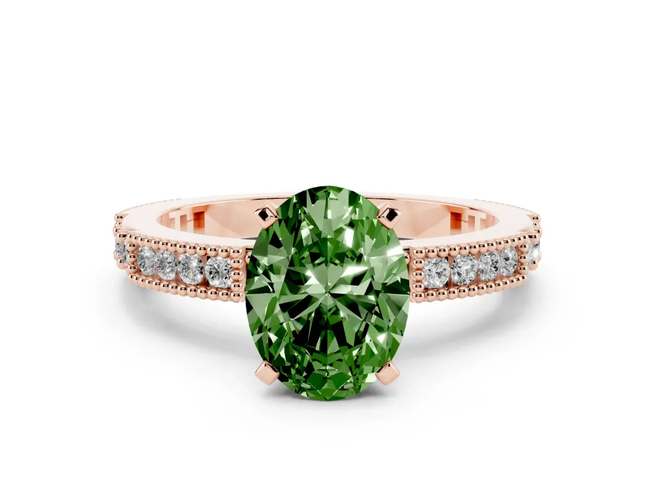 Fancy Green Oval Cut Diamond Solitaire Ring Set in Rose gold with Slim Pavé Band and Prong Setting