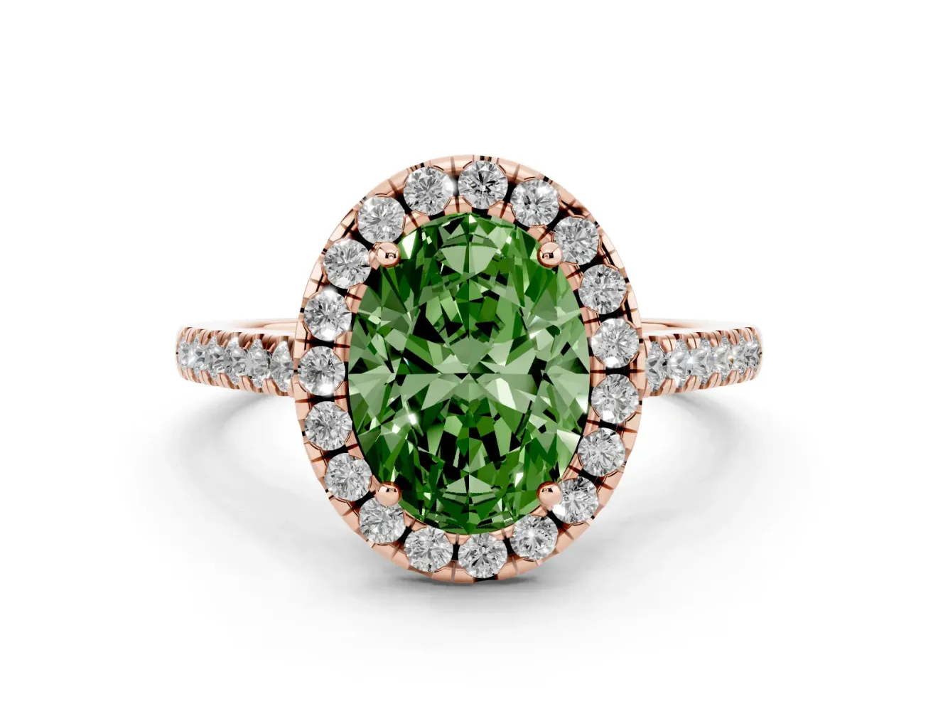 Oval Raised Halo Engagement Ring Setting for a Fancy Green Lab-Grown Diamond | Pave Band | Rose Gold