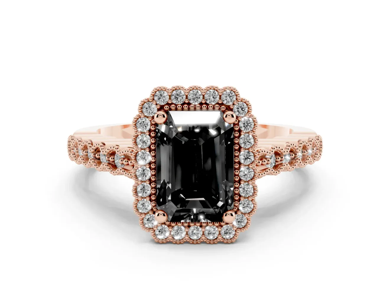Radiant Cut Milgrain Halo Engagement Ring Setting for a Black Center | Beaded Shoulders | Rose Gold