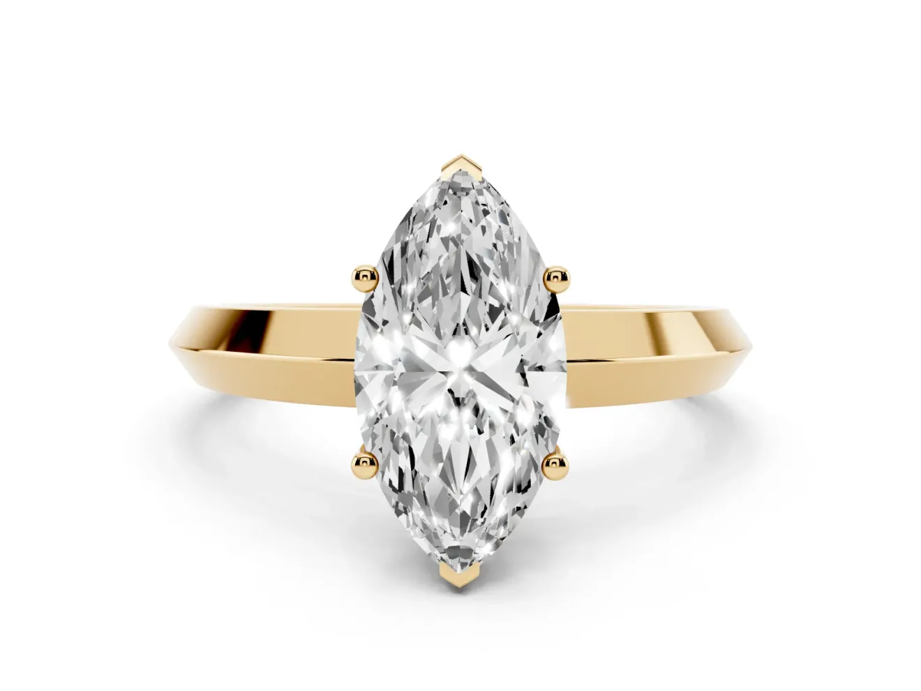 Marquise Cut Diamond Solitaire Engagement Ring Set in Yellow gold with Flat Band and Prong Setting