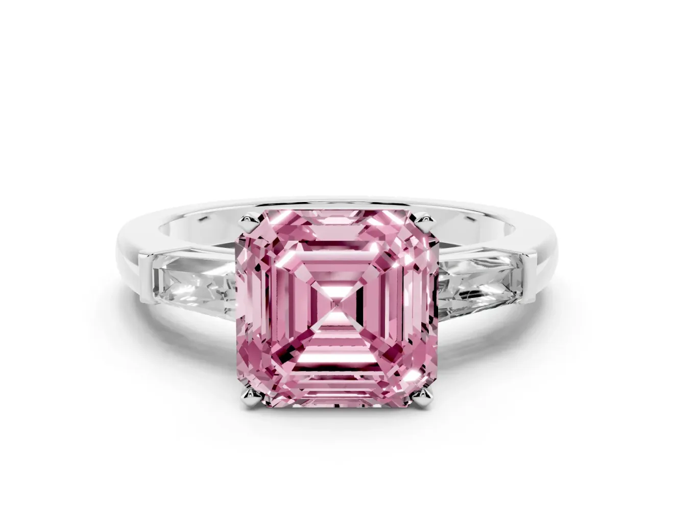 Asscher Cut Three Stone Engagement Ring Setting for a Fancy Pink Lab-Grown Diamond | Tapered Baguettes | Platinum