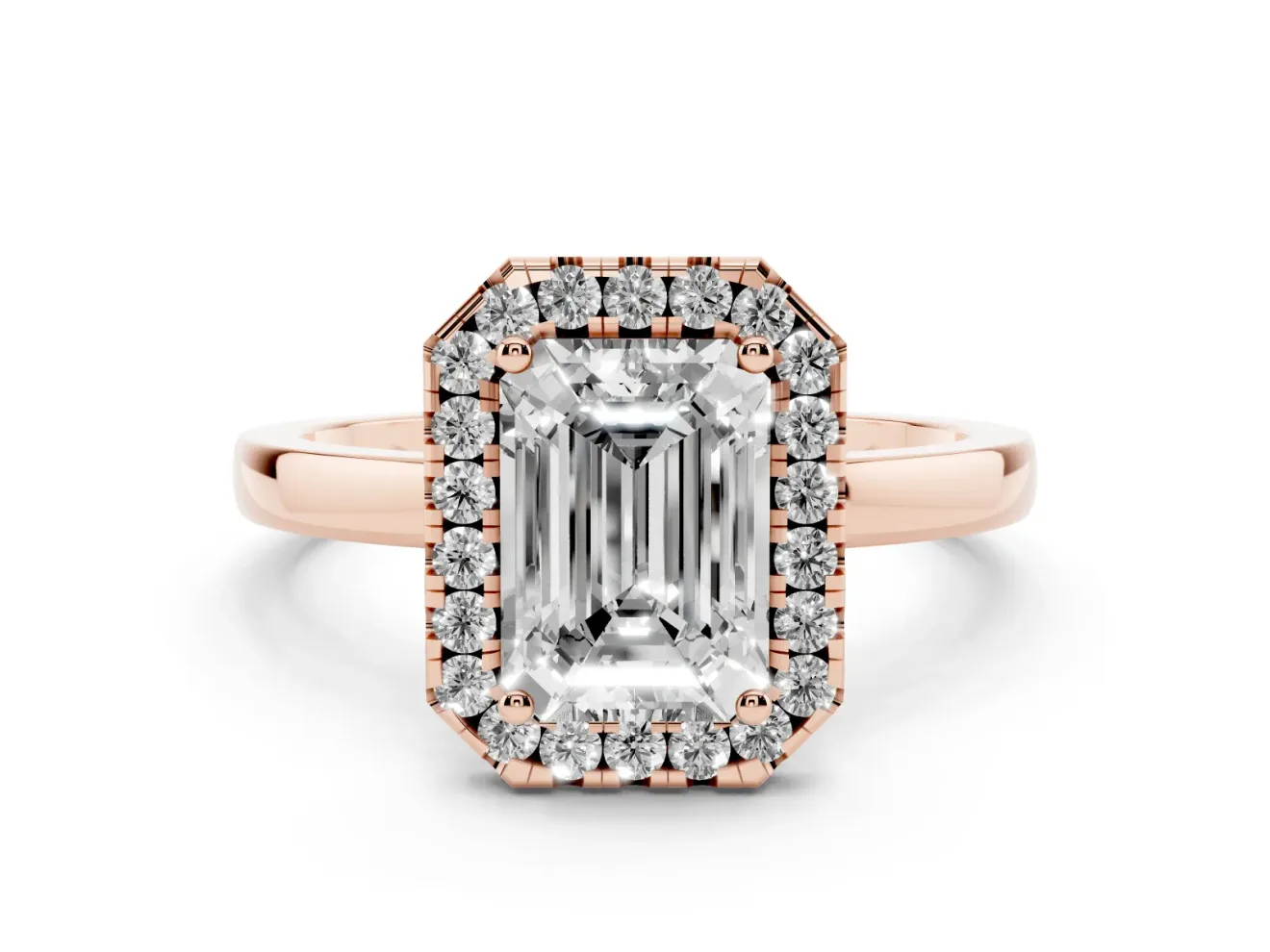 Emerald Cut Thin Halo Engagement Ring Setting | Plain Polished Band | Rose Gold