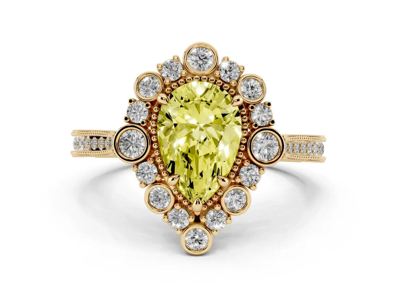 Fancy Yellow Pear Cut Diamond Halo Milgrain Pavé Ring Set in Yellow gold with Prong Setting