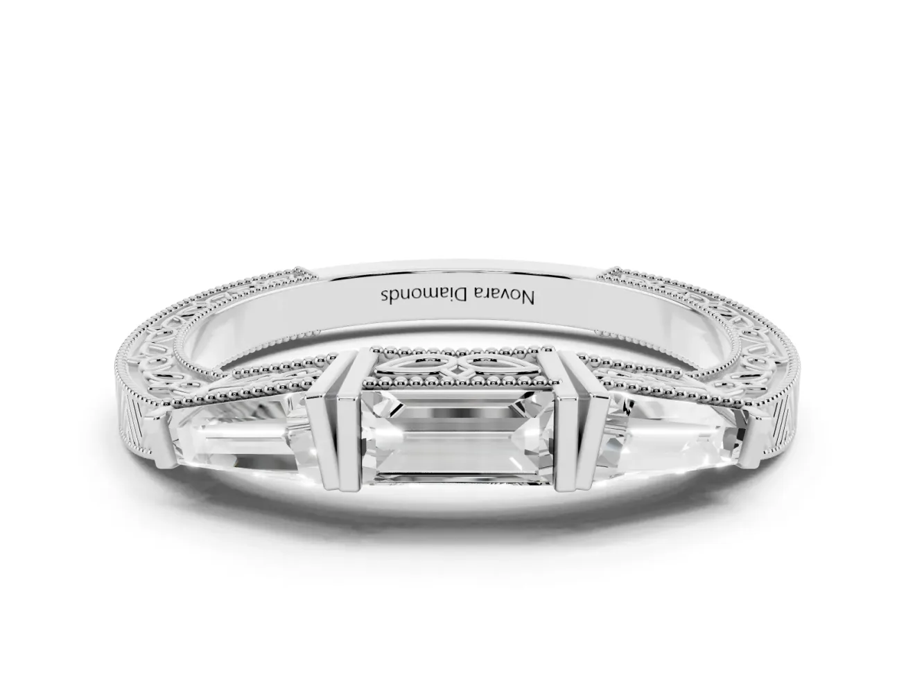 Baguette and Pear-Shaped Lab-Grown Diamond Engraved Milgrain Wedding Band | Chevron Sides | Platinum