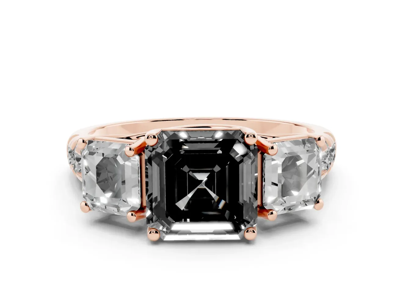 Asscher Cut Three Stone Engagement Ring Setting for a Black Center | Accented Shoulders | Rose Gold