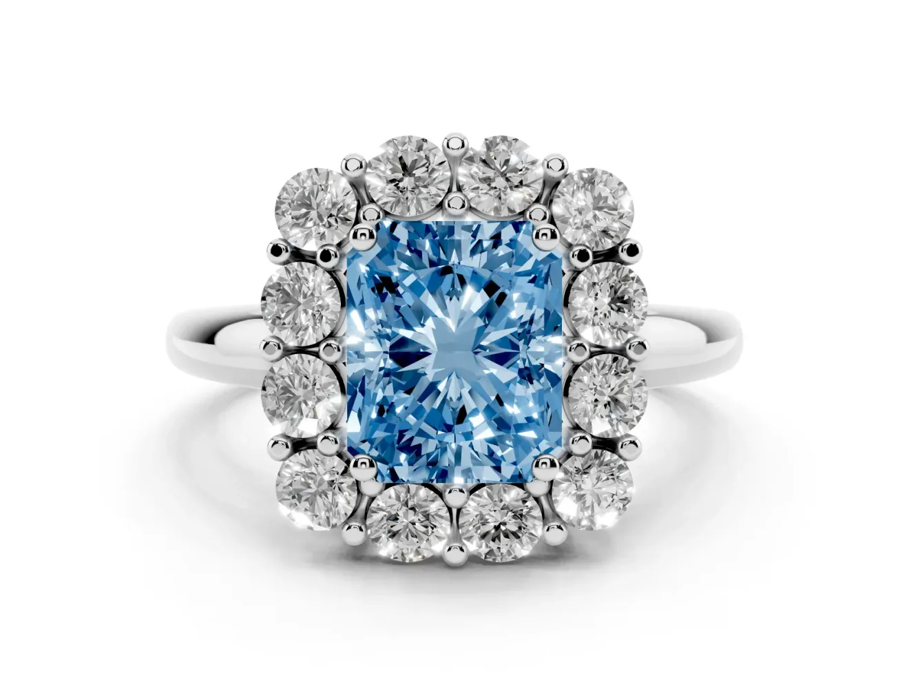 Radiant Cut Cluster Halo Engagement Ring Setting for a Fancy Blue Lab-Grown Diamond | Large Round Accents | Platinum