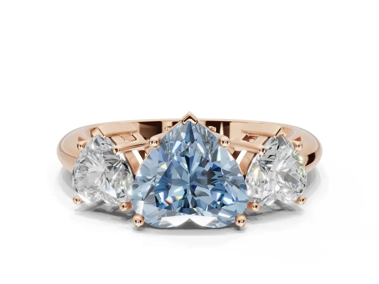 Heart-Shaped Three Stone Engagement Ring Setting for a Fancy Blue Lab-Grown Diamond | Plain Band | Rose Gold