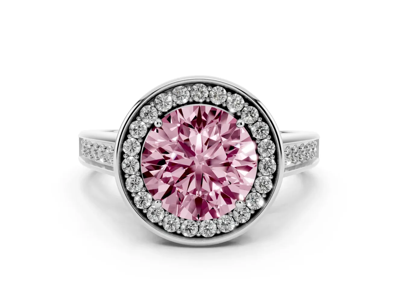 Fancy Pink Round Cut Diamond Halo Solitaire Ring Set in Platinum with Pavé Band and Bezel Setting