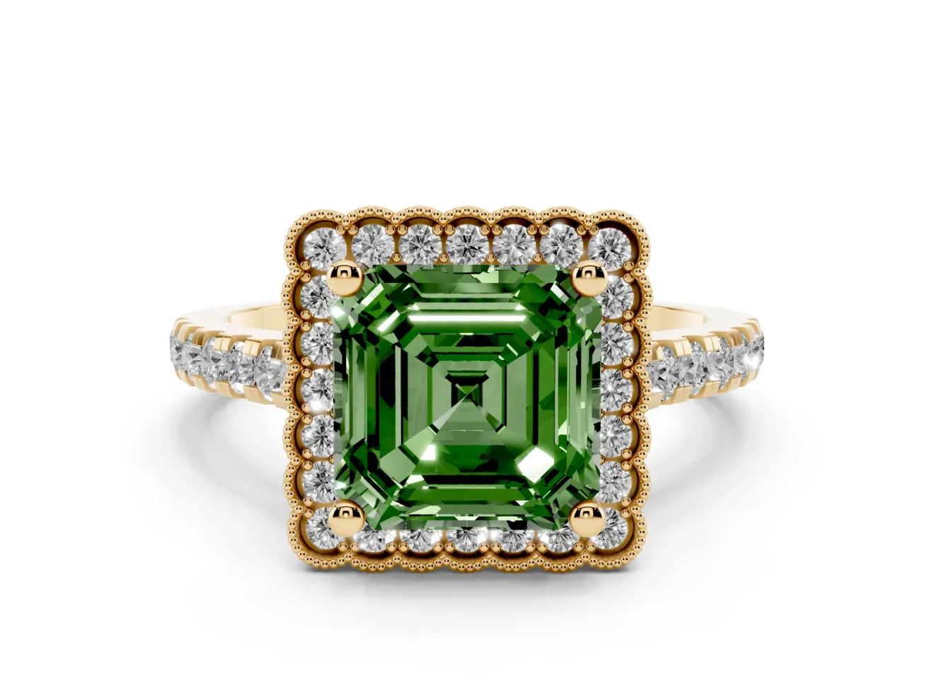 Fancy Green Asscher Cut Diamond Milgrain Floral Halo Engagement Ring Set in Yellow gold with Pavé Band