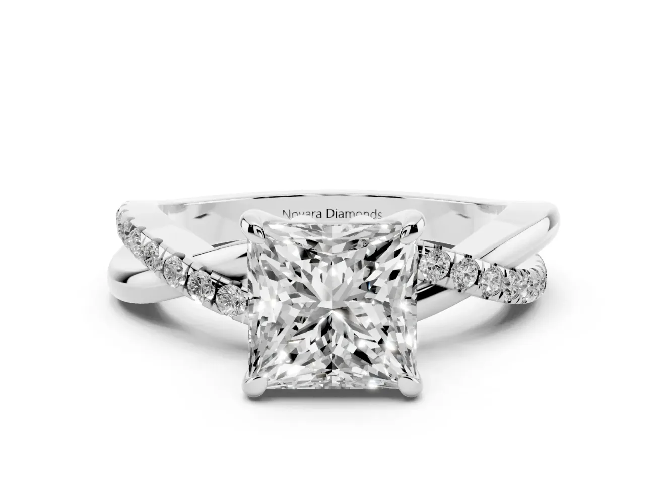 Princess Cut Diamond Twist Band Solitaire Set in White gold with Pavé Accents and Prong Setting