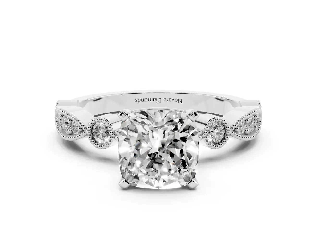 Cushion Cut Vintage Milgrain Solitaire Engagement Ring Setting | Bezel Accents | White Gold