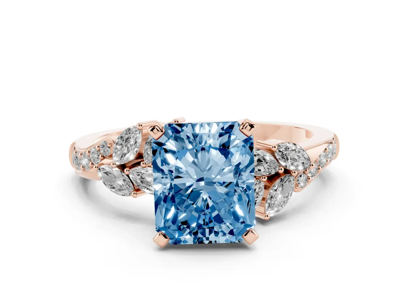 Fancy Blue Radiant Cut Diamond Solitaire Ring Set in Rose gold with Marquise Twist Band and Prong Setting
