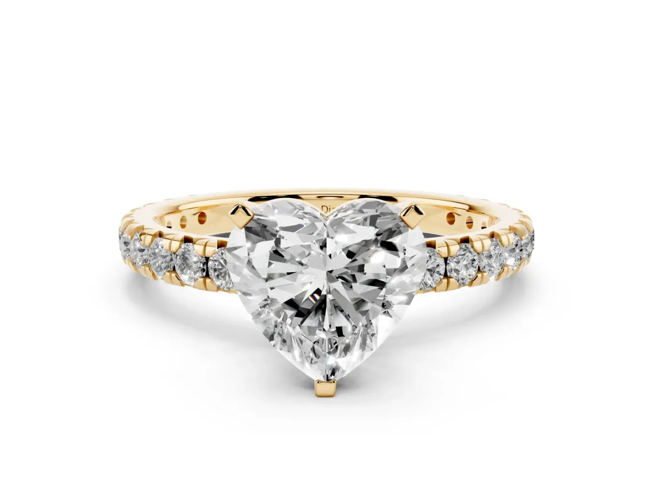 Heart Cut Diamond Pavé Solitaire Ring Set in Yellow gold with Round Band and Prong Setting