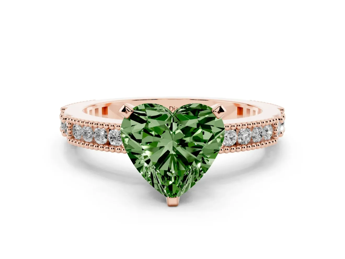Fancy Green Heart Cut Diamond Solitaire Ring Set in Rose gold with Slim Pavé Band and Prong Setting