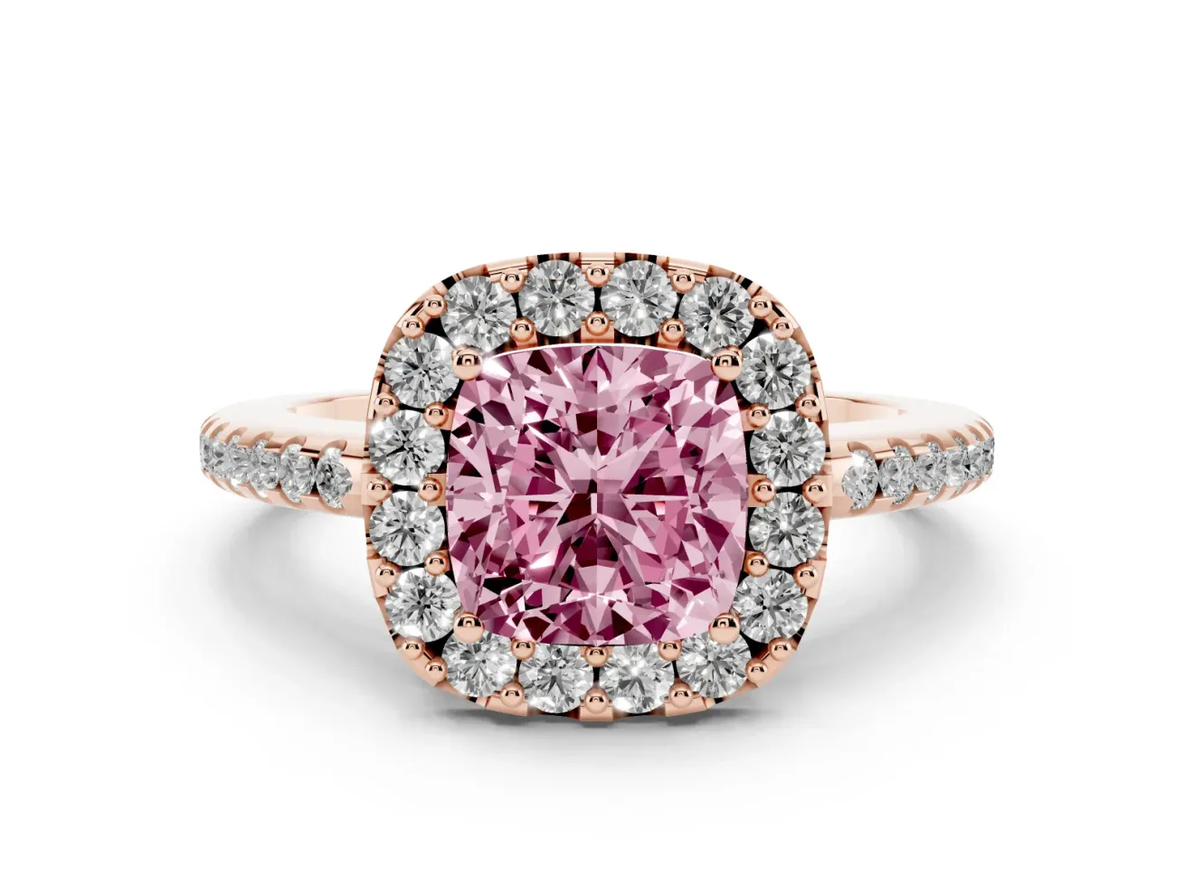 Cushion Cut Pave Halo Engagement Ring Setting for a Fancy Pink Lab-Grown Diamond | Pave Band | Rose Gold